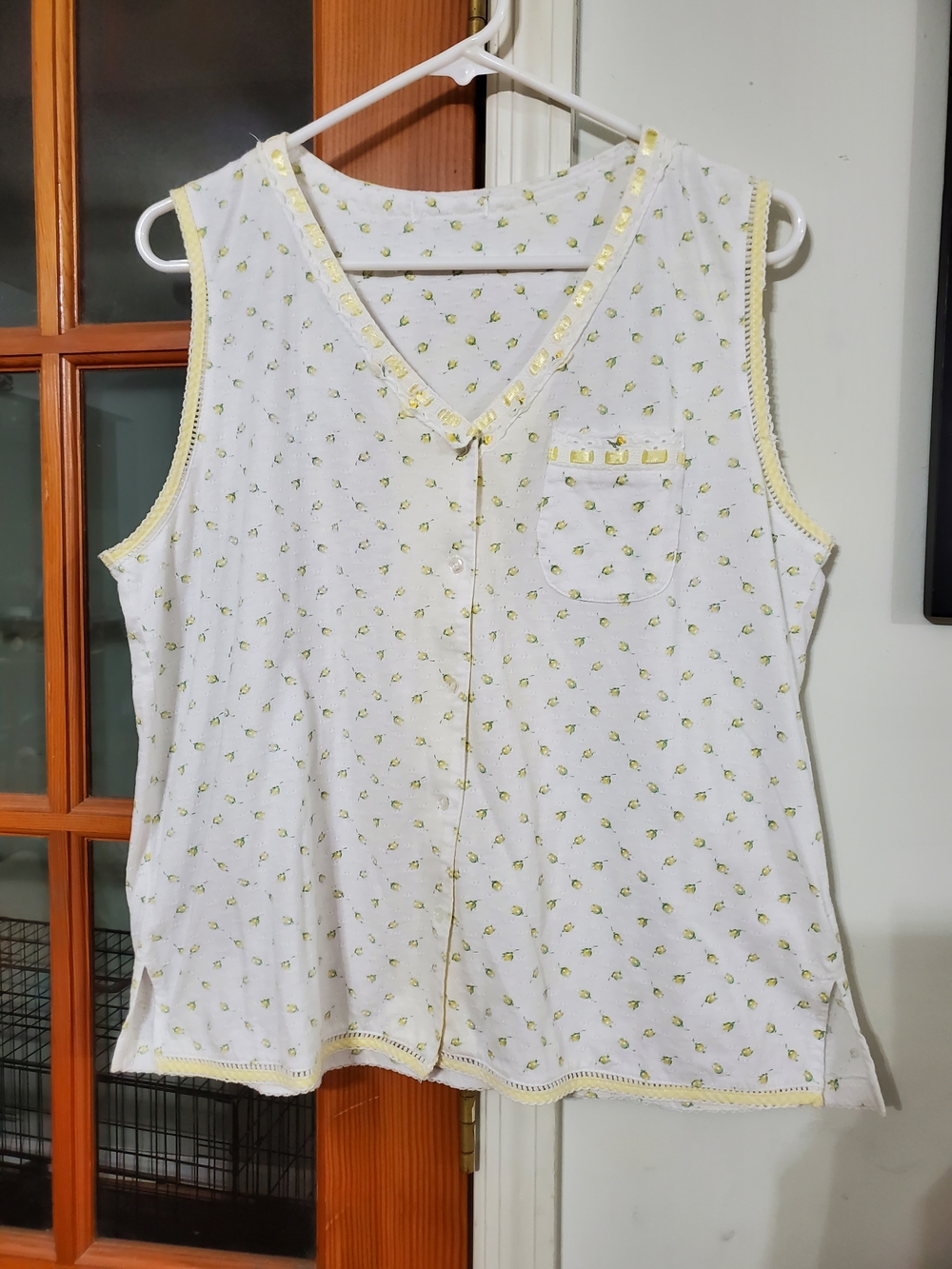 Cottagecore Lemon Print PJ Top Sleeveless Button Front White Yellow Sleepwear